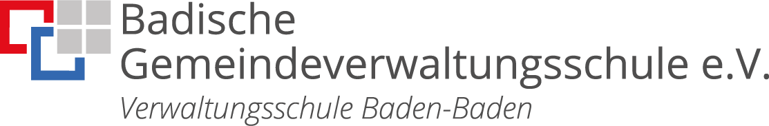 Logo der Badischen Gemeindeverwaltungsschule e.V., Verwaltungsschule Baden-Baden in den Farben rot, blau und grau